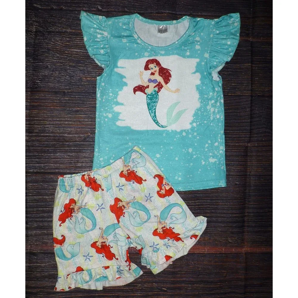Boutique Little Mermaid Princess Ariel Girls Shorts Outfit Set